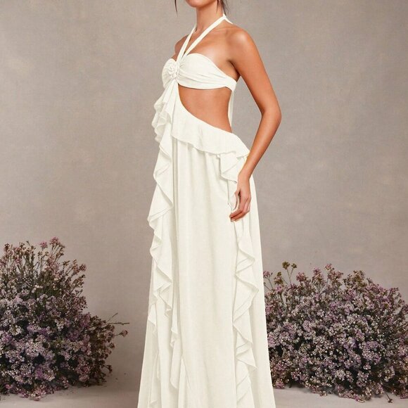 Apricot Sexy Women's Elegant Rosette Halter Neck Ruffle Maxi Dress - Picture 3 of 5